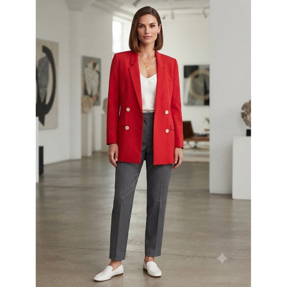 Vintage Red Double Breasted Midi Blazer Jacket Gold Buttons Classic Tailored